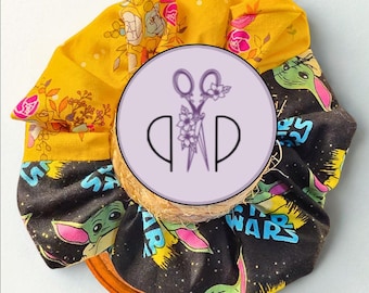 Space Guy & Mustard Floral Scrunchie – Soft Cotton Halfsy Hair Tie – Jumbo‑Medium Fluff – Handmade