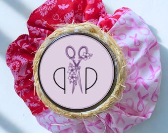 Tula Pink Bee Halfsy Scrunchie – Breast Cancer Ribbon Hair Tie – Soft Cotton No‑Pull Grip