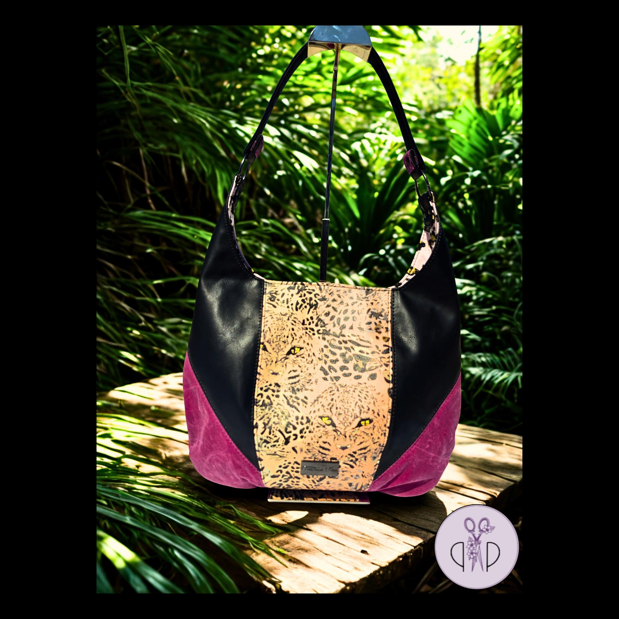 Estrella Hobo Handbag - Black Faux Leather, Magenta Canvas, Animal Print, Gunmetal Hardware