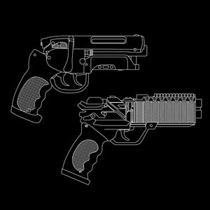 Może przedstawiać: Liniowy rysunek dwóch futurystycznych pistoletów. Górny pistolet ma teksturowany chwyt i lufę z szeregiem małych otworów. Dolny pistolet ma podobny teksturowany chwyt i lufę z szeregiem małych otworów.