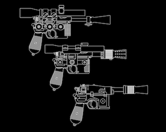 May include: Three black and white line drawings of a blaster pistol with a scope, a blaster pistol with a scope and a silencer, and a blaster pistol with a scope and a barrel extension.