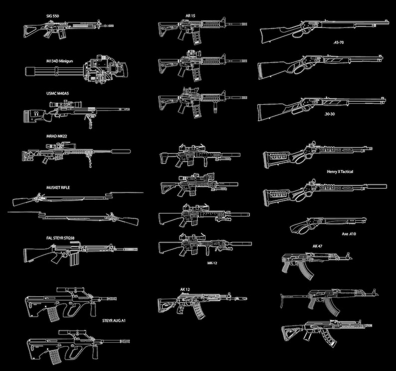 May include: A black background displays a collection of white line drawings of various firearms, including rifles, machine guns, and shotguns. The image includes models like the AR-15, AK-47, and a musket rifle. Text labels identify each weapon.