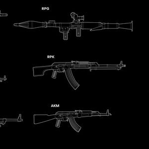 May include: A black and white schematic illustration of various firearms, including AK-74, RPG, AK-12, AK-74U, SKS Paratrooper, PKM, AK-47, RPK, and AKM. Each weapon is labeled with its name in white text. The image is set against a black background.