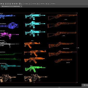 May include: A digital illustration of various firearms, each outlined in a different neon color against a black background. The image includes rifles, shotguns, and other weapon types, showcasing detailed designs.
