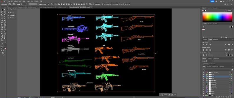 May include: A digital illustration of various firearms, each outlined in a different neon color against a black background. The image includes rifles, shotguns, and other weapon types, showcasing detailed designs.