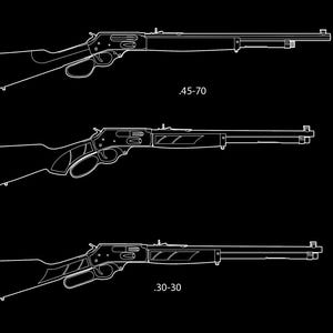 May include: Three detailed white line drawings of rifles against a black background. The top rifle is labeled ".45-70", the bottom rifle is labeled ".30-30". The rifles are side-view illustrations, showcasing their design and features.