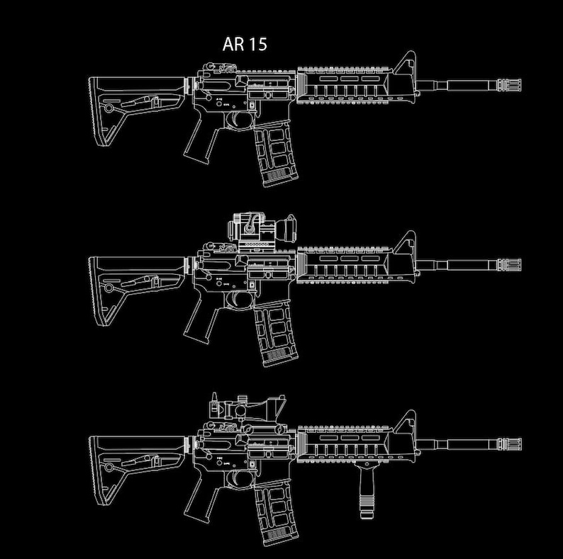 May include: Three white line drawings of AR-15 rifles on a black background. The top rifle is a basic model, the middle one has a scope, and the bottom one has a scope and a vertical grip. The text "AR 15" is at the top.