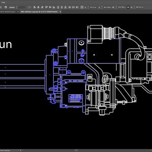 May include: A technical illustration of a minigun, rendered in white lines against a black background. The text "4D Minigun" is displayed at the top, and "1C M40A5" at the bottom. The image is a detailed blueprint of the weapon.