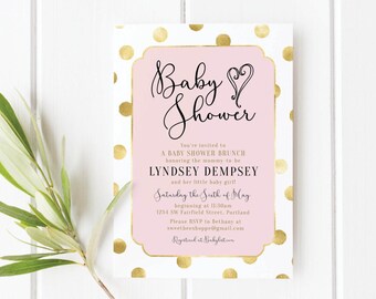 Brunch Baby Shower Invitation: Girl Baby Shower Invite, Baby Girl Shower Invitation; Brunch, Gold Dots, Pink, Blush, Black