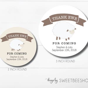 Lamb Baby Shower Thank Ewe Round Stickers or Cupcake Toppers: Little Lamb Baby Shower Thank You 2 and 3 Round, Instant Download image 1