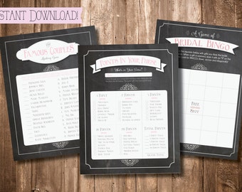 Bridal Shower and Wedding Shower Games (Chalkboard Theme): Famous Couples, Purse Game & Bridal Shower Bingo (Instant Download!)