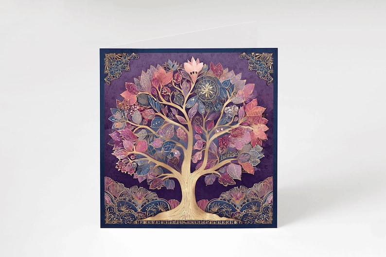 May include: A square art print depicting a stylized tree with a gold trunk and branches. The leaves are a mix of pink, purple, and blue. The background is a deep purple with gold decorative elements.