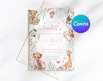 May include: A party invitation featuring watercolor illustrations of safari animals, including a lion cub, zebra, cheetah, giraffe, and monkeys. The invitation is for Scarlett's 2nd birthday, with the date, time, and location details. The Canva logo is visible.