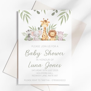 Safari Jungle Animal Watercolour Baby Shower Invitation, Safari Animal Baby Shower Invites