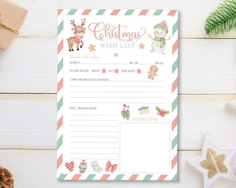 Lista dei desideri di Natale stampabile, lettera a Babbo Natale, download digitale della lista dei desideri di Babbo Natale, lista dei desideri dei bambini per Natale