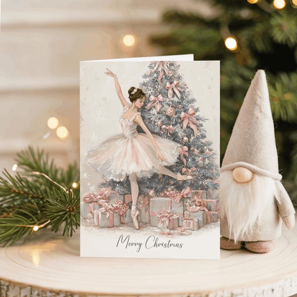 Tarjeta navideña de 5x7 con bailarina y cascanueces en acuarela