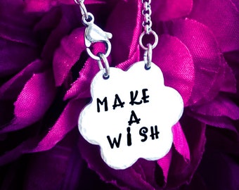 Make A Wish Hand Stamped Necklace. Inspirational Necklace, Wish Necklace, Flower Necklace, Motivational Quote, Quote Necklace