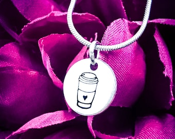Hand Stamped Coffee Cup Necklace: Aluminum Pendant, Stainless Steel Chain