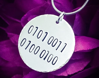 Personalized Binary Initial Necklace: Hand Stamped Geek Jewelry