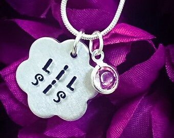 Lil Sis Hand Stamped Necklace with Birthstone Charm. Little Sister Necklace, Sister Jewelry, Sister Gift, Flower Necklace