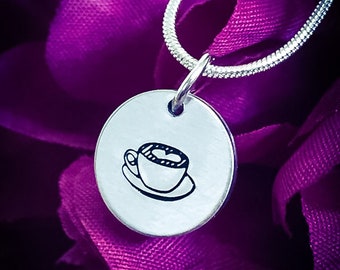 Hand Stamped Coffee Cup Necklace: Aluminum Pendant, Stainless Steel Chain