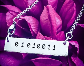 Personalized Binary Initial Necklace: Hand Stamped Geek Jewelry
