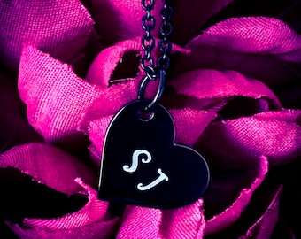 Hand Stamped Initial Heart Necklace: Black Stainless Steel