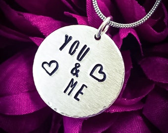 You & Me Hand Stamped Necklace. Love Necklace, You and Me Necklace, Heart Necklace, Girlfriend Gift, Wife Gift, Couples Gift, Partner Gift