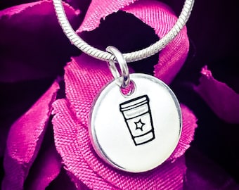 Hand Stamped Coffee Cup Necklace: Stainless Steel Coffee Lover Jewelry