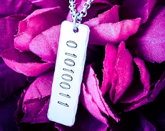 Personalized Binary Code Necklace: Hand Stamped Initial Monogram, Geek Gift