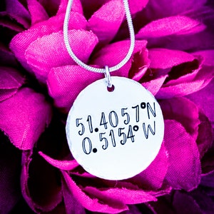 Personalised Coordinates Hand Stamped Necklace. Longitude and Latitude Necklace, Custom Coordiantes Necklace, Coordinates Gift