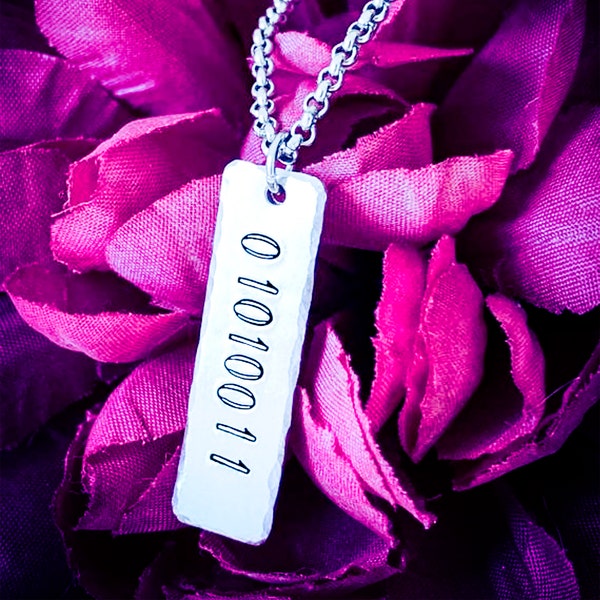 Personalised Binary Initial Hand Stamped Necklace. Custom Monogram Necklace, Initial Necklace, Binary Necklace, Binary Code, Geek Gift