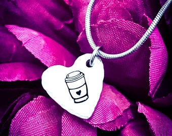 Heart Takeaway Coffee Cup Hand Stamped Necklace. Heart Necklace, Heart Jewellery, Coffee Necklace, Latte Necklace, Coffee Lover Gift