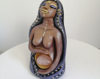 The Original Woman sculpture, sacred chakra, anchoring, sacred feminine, ancestral wisdom, vibrational art, purple and gold, blue, copper