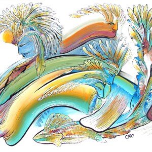 May include: Abstract painting featuring stylised figures with feathered headdresses in shades of blue, green, yellow, and orange. The painting is signed "CARO" in the bottom right corner.