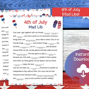 Printable 4th of July Mad Lib, Summer Activity Game, Family Game, Patriotic Game