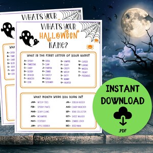 ¿Cuál es tu juego de nombres de Halloween? Juego imprimible de Halloween, actividad de Halloween para niños y adultos