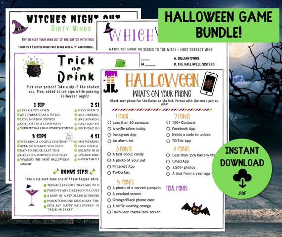Halloween Game Bundle, 4 Halloween Games, Adult Games, Trick or Drink, Witches Night Out Dirty Minds, Whats On Your Phone, Which Witch
