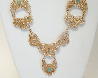 Gold Chain Filigree Necklace / Gold Filigree with Mint and Crystal Clear Necklace.
