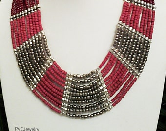 Silver, Burgandy and Dark Pink Beaded Multi Strand Necklace / Bib Necklace.