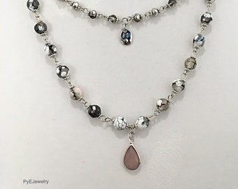 Three Strands Silver Chain Beaded Necklace / Blue, Gray, White and Lilac Ceramic Beads Long Necklace.