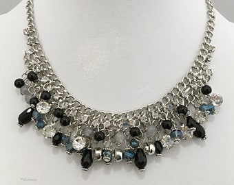 Black, Blue and Crystal Clear Beads Necklace / Silver Chain Black, Blue and Crystal Clear Beaded Bib Necklace.