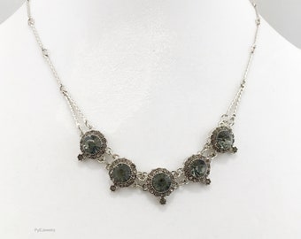 Dark Gray Crystal Beads Necklace / Silver Chain with Gray Crystal Bib Necklace