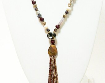 Old Gold and Burgandy Chain Beaded Natural Stones Long Necklace / Burgandy, Beige, Gray Crystal Clear Tassel Necklace