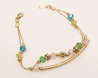 Blue, Green and Pink Crystal Beads Bracelet 18 K Gold Filled Tube Double Bracelet.