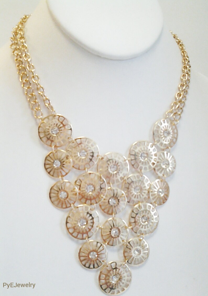 Gold Chain Circles with Crystal Clear Stones Necklace / Gold Circles Crystal Clear Stones Bib Necklace. image 4