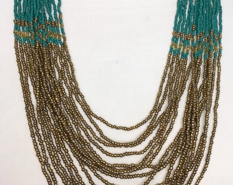 Gold and Dark Green Multi Strand Necklace