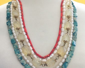 Blue, Red, Crystal and River Pearls Five Strands Statement Necklace