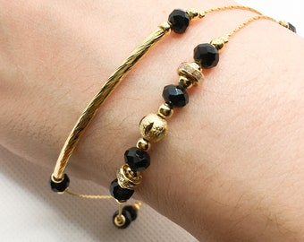 Pulsera de Cristal Negro Pulsera Doble de Tubo Chapada en Oro de 18 K.