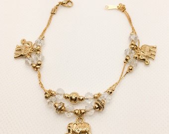 Crystal Beads with Gold Elephants Charms 18K Gold Plated Bracelet.